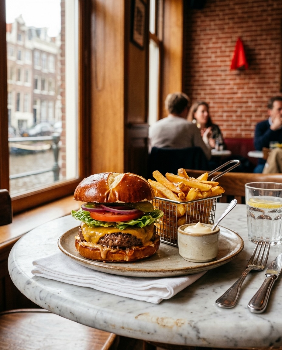Hamburger op een pretzel bol met frites