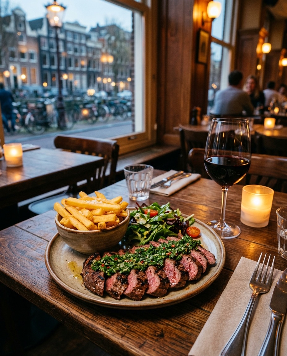 Bavette met chimichurri, salade en frites