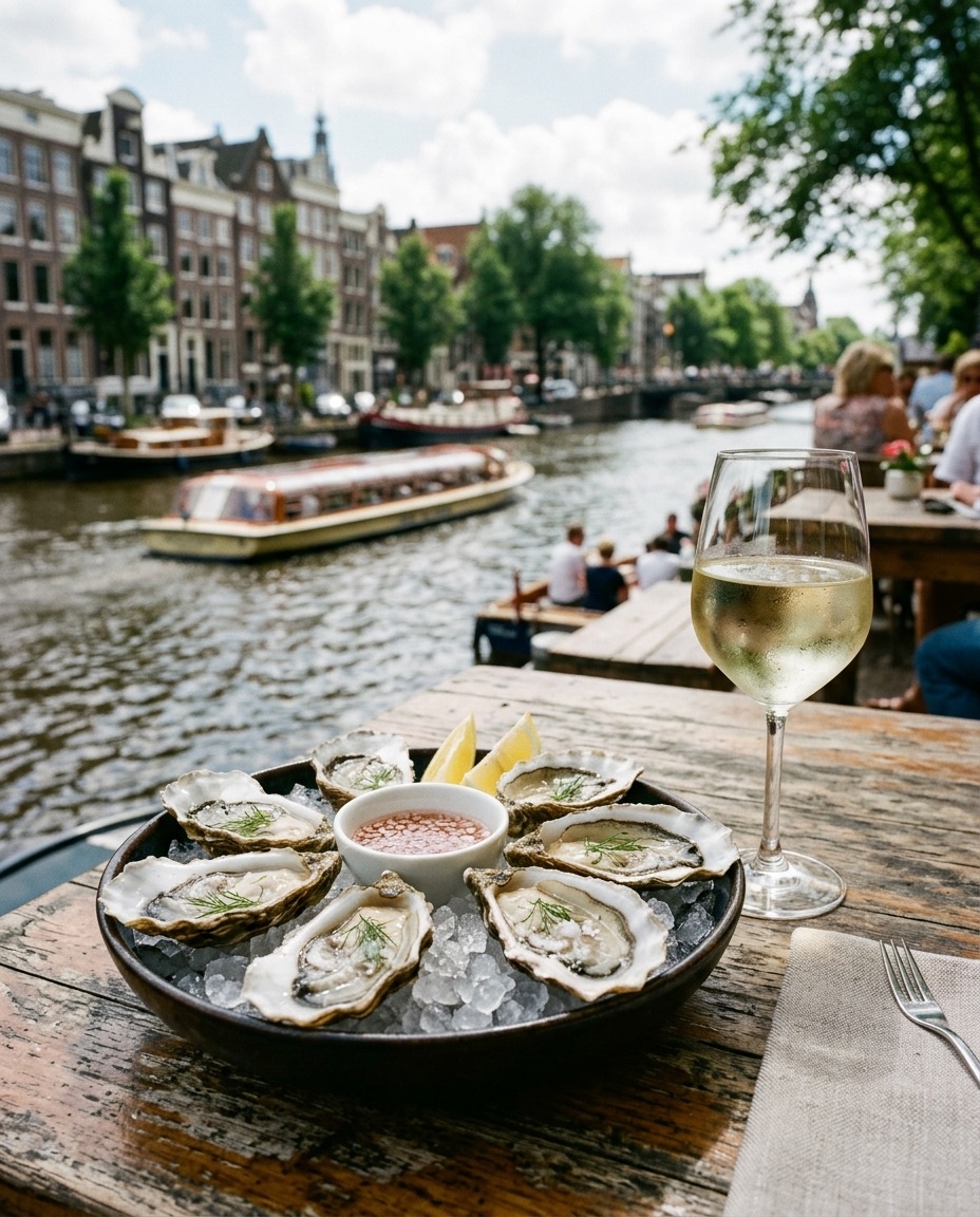 Fine de Claire oesters met mignonette en een glas witte wijn