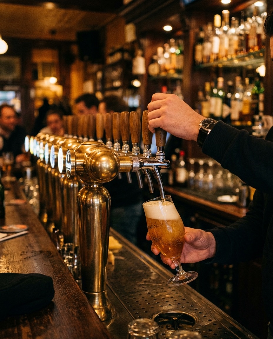 Een biertje wordt getapt aan de bar
